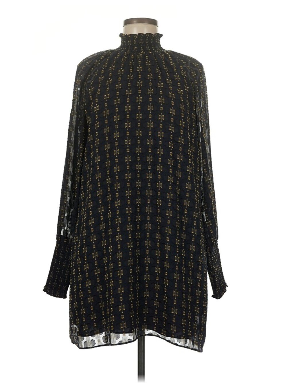 Amanda Uprichard 'Noemi' Smocked Mock Neck Mini Dress - Navy & Gold - Size M
